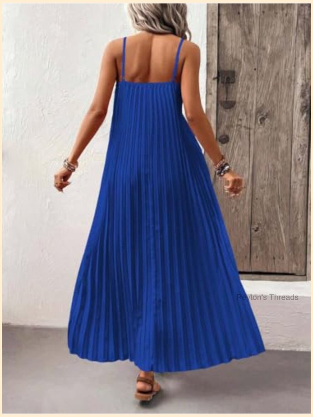 V Neck Sleeveless Pleated Flowy Maxi Dress with Adjustable Straps - Picture 2 of 7